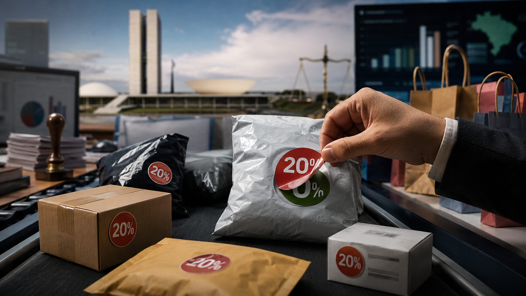Pacotes de compras internacionais representando a taxa das blusinhas e a redução do imposto de importação
