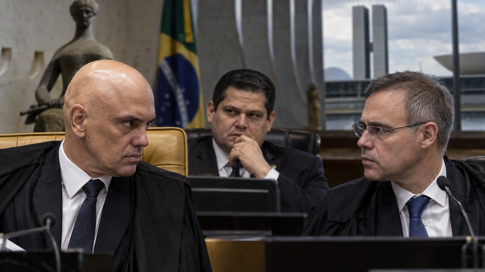 Alexandre de Moraes, André Mendonça e Davi Alcolumbre em meio à crise no STF após as mensagens de Daniel Vorcaro