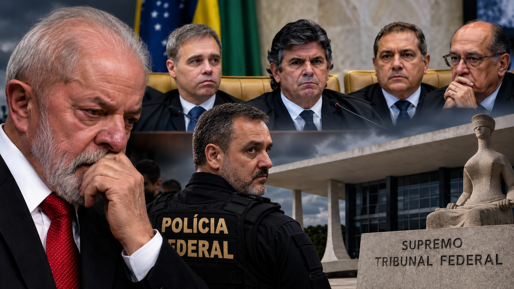 Lula, Andrei Rodrigues e ministros do STF em montagem sobre a crise envolvendo o afastamento da direção da Polícia Federal