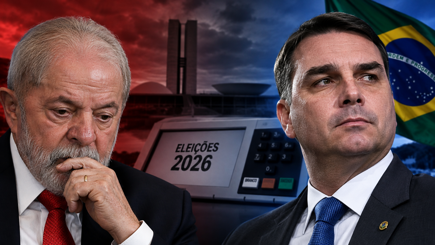 Lula e Flávio Bolsonaro em montagem sobre a disputa presidencial de 2026