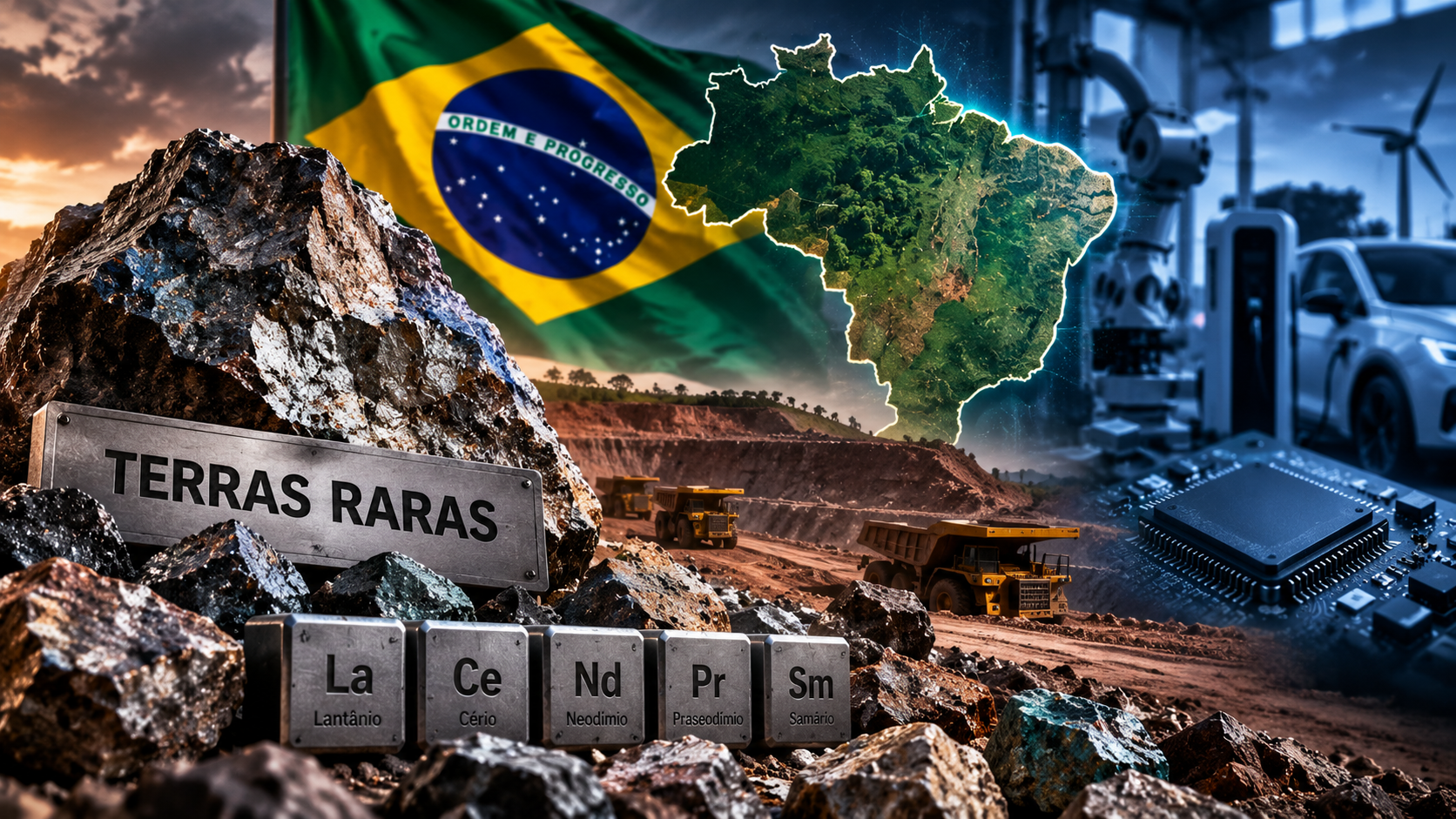 : Minerais de terras raras com mapa do Brasil e indústria de tecnologia ao fundo