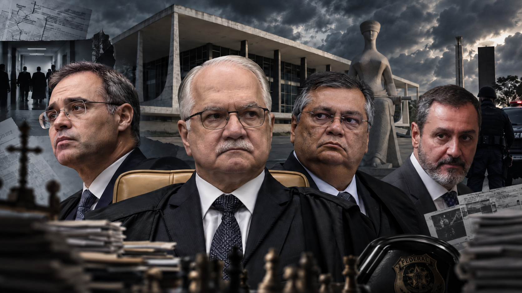 Edson Fachin, André Mendonça, Flávio Dino e Andrei Rodrigues em montagem sobre a crise entre STF e Polícia Federal