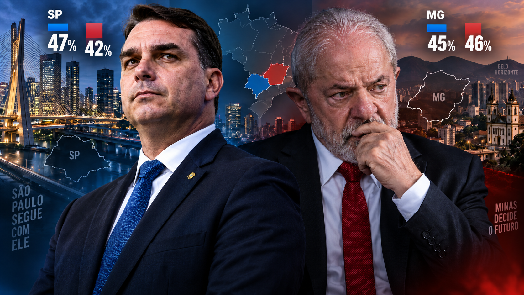 Flávio Bolsonaro e Lula durante a disputa pela Presidência nas eleições de 2026