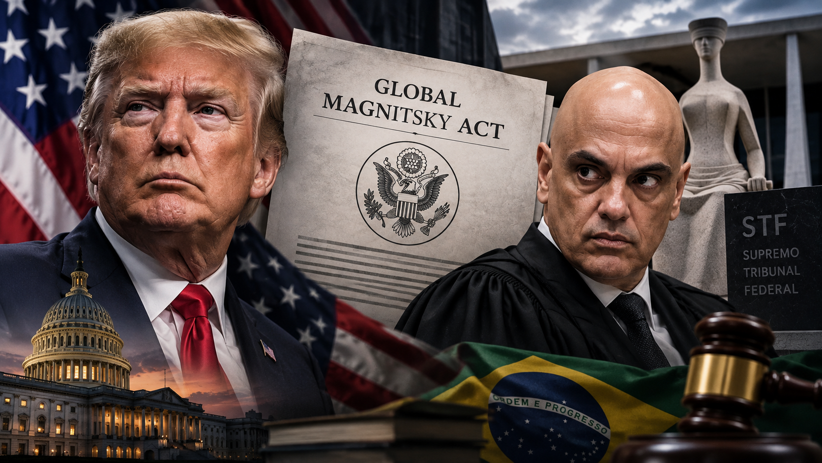 Donald Trump e Alexandre de Moraes em montagem sobre possível nova rodada de sanções dos Estados Unidos contra integrantes do STF