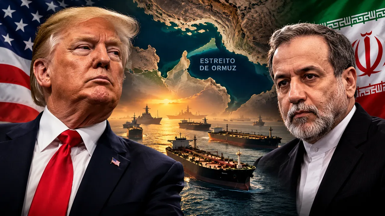 Donald Trump e o ministro das Relações Exteriores do Irã, Abbas Araqchi, em montagem sobre a crise diplomática envolvendo a reabertura do Estreito de Ormuz.