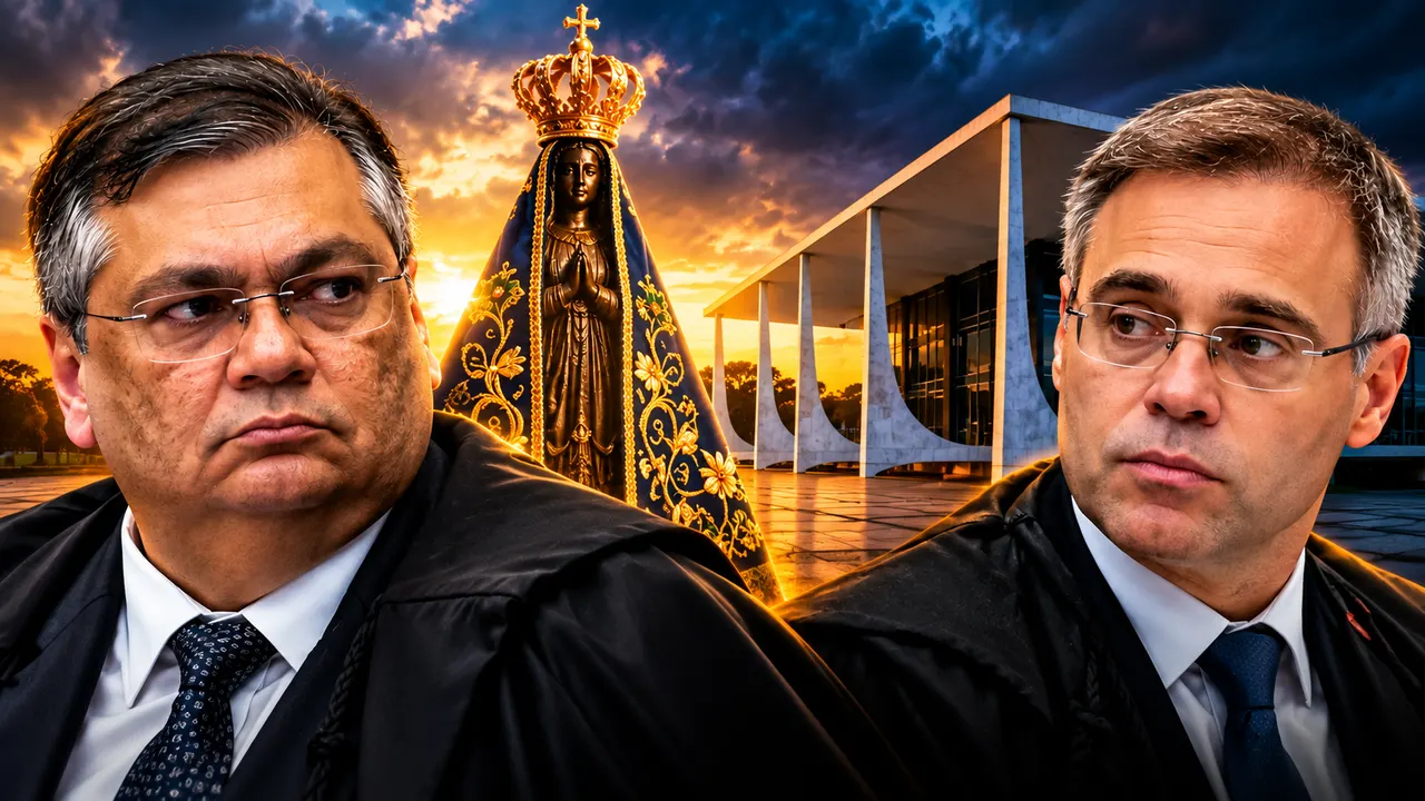 Flávio Dino e André Mendonça, ministros do STF, envolvidos em decisões divergentes sobre a remoção de publicações relacionadas a Nossa Senhora Aparecida durante as eleições de 2026.