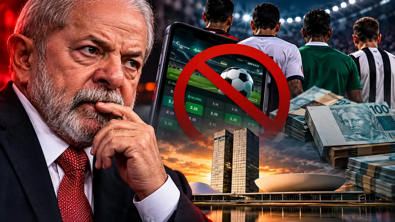 Lula em destaque em imagem sobre a proposta do governo de proibir as bets no Brasil e os possíveis impactos sobre clubes de futebol.