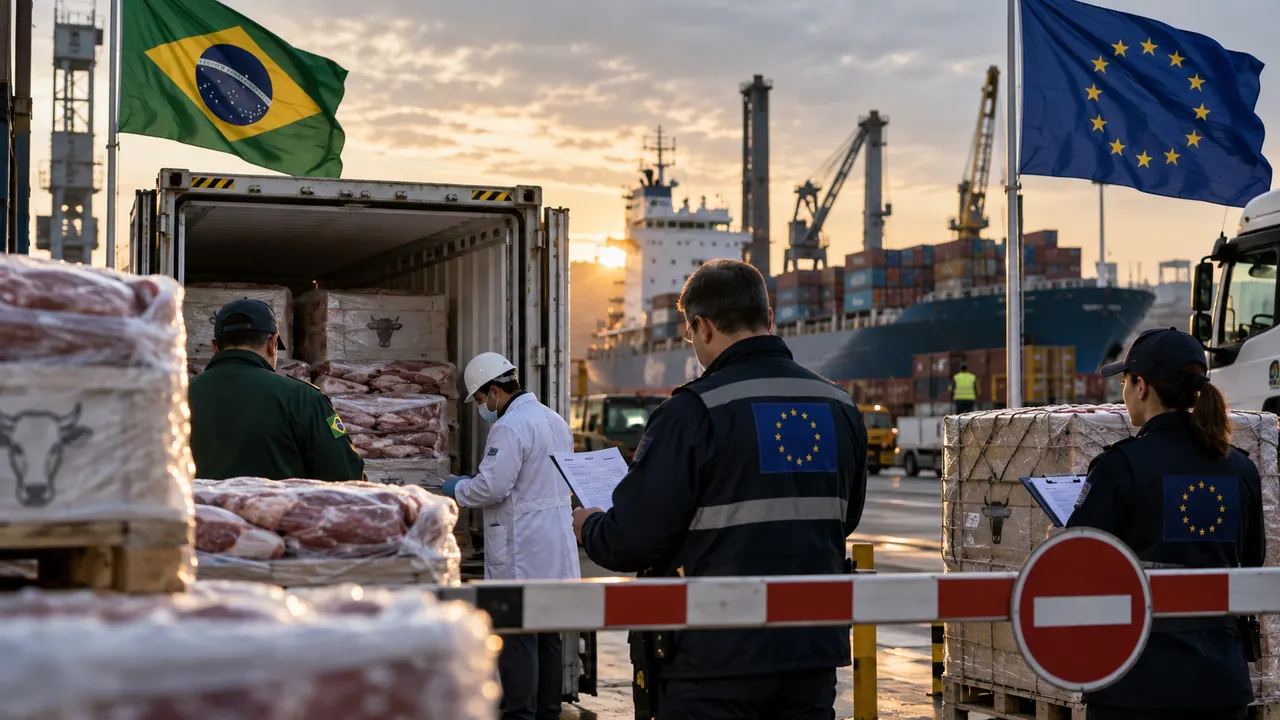 Carne brasileira e bandeiras do Brasil e da União Europeia em referência às restrições europeias às exportações de produtos de origem animal