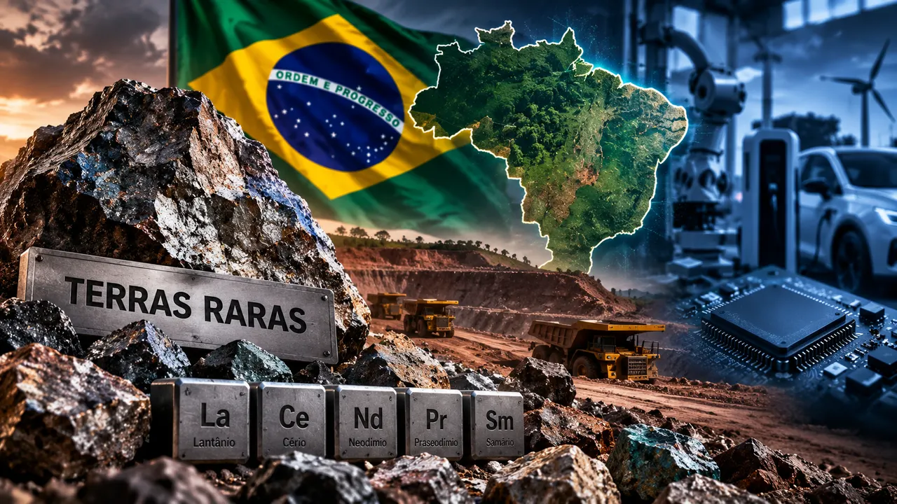 : Minerais de terras raras com mapa do Brasil e indústria de tecnologia ao fundo