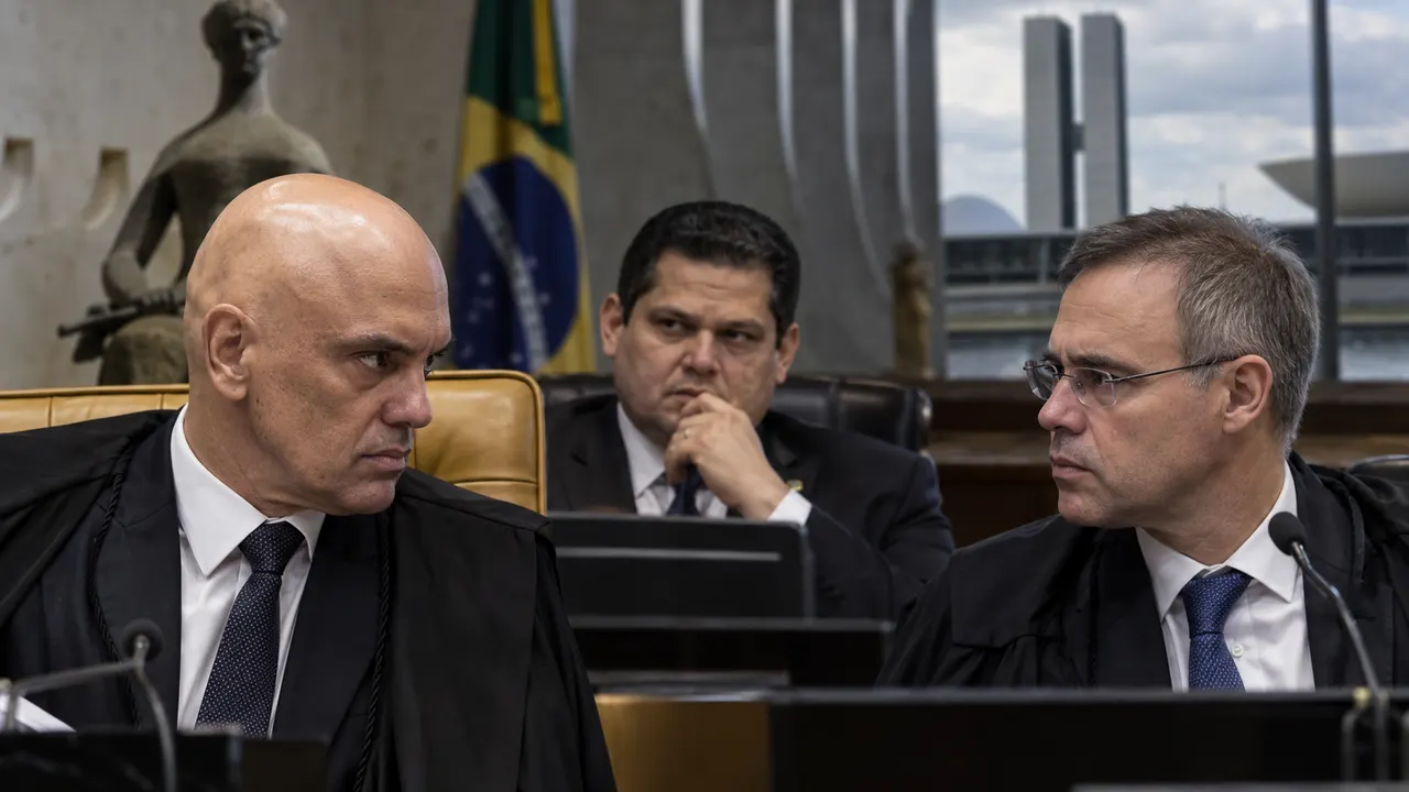 Alexandre de Moraes, André Mendonça e Davi Alcolumbre em meio à crise no STF após as mensagens de Daniel Vorcaro
