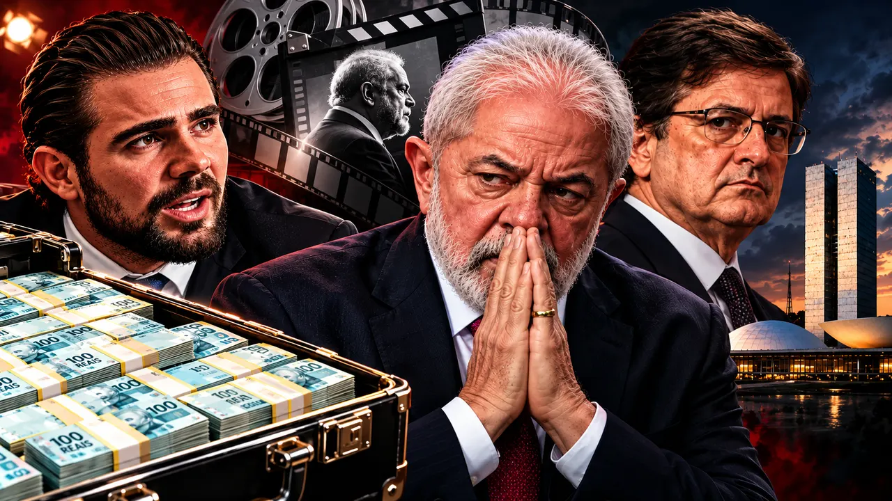Montagem ilustrativa com Daniel Vorcaro, Lula e Paulo Gonet, uma mala de dinheiro e referência à denúncia da Veja sobre supostos R$ 30 milhões destinados ao filme de Lula.
