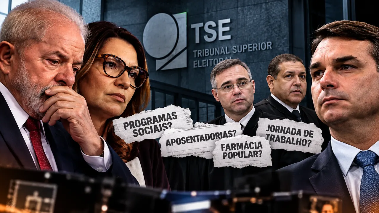 TSE determina retirada de vídeos de Lula e Janja contra Flávio Bolsonaro após decisões dos ministros André Mendonça e Kassio Nunes Marques sobre acusações de cortes em programas sociais.