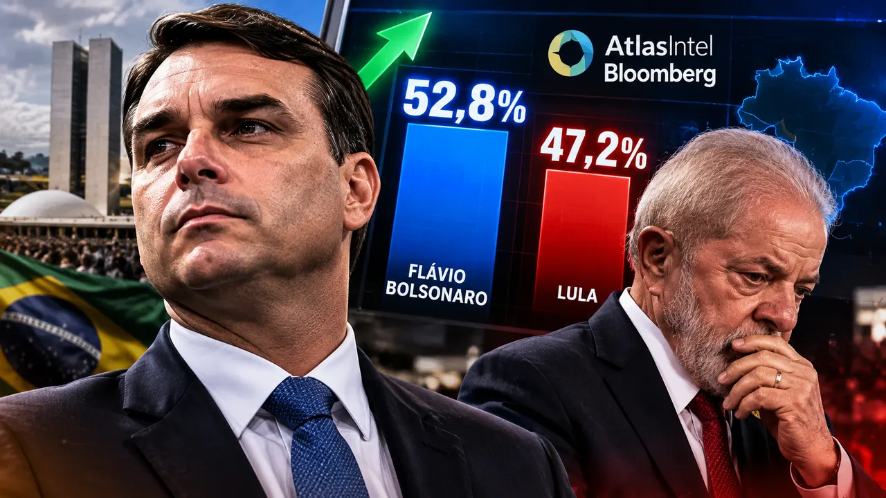 Flávio Bolsonaro e Lula na disputa presidencial de 2026, com pesquisa AtlasIntel/Bloomberg apontando 52,8% dos votos válidos para Flávio e 47,2% para Lula.