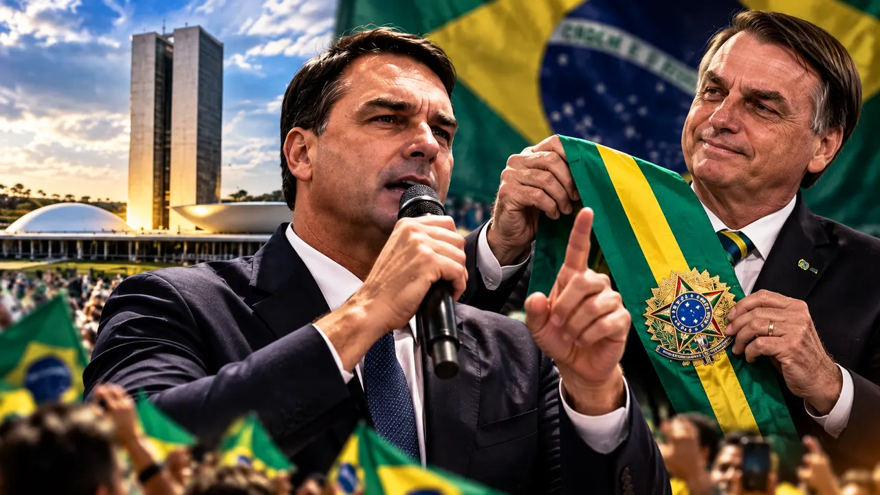 Flávio Bolsonaro e Jair Bolsonaro em montagem sobre a declaração do senador de que pretende receber a faixa presidencial das mãos do pai caso vença Lula nas eleições de 2026.