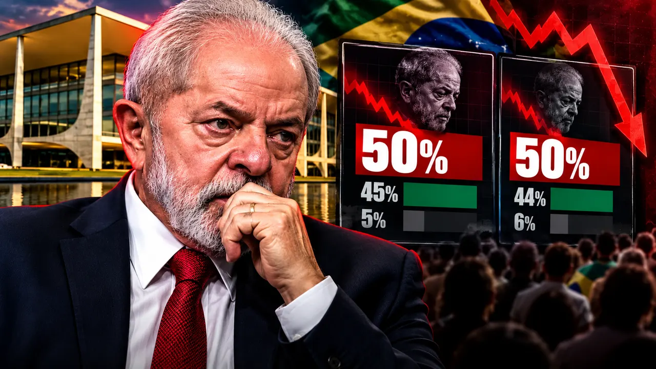 Presidente Lula com expressão séria em imagem sobre pesquisas que apontam 50% de desaprovação ao seu governo no segundo turno das eleições de 2026