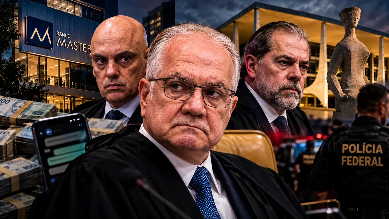 Edson Fachin, Alexandre de Moraes e Dias Toffoli em montagem sobre o caso Banco Master e informações da Polícia Federal envolvendo ministros do STF