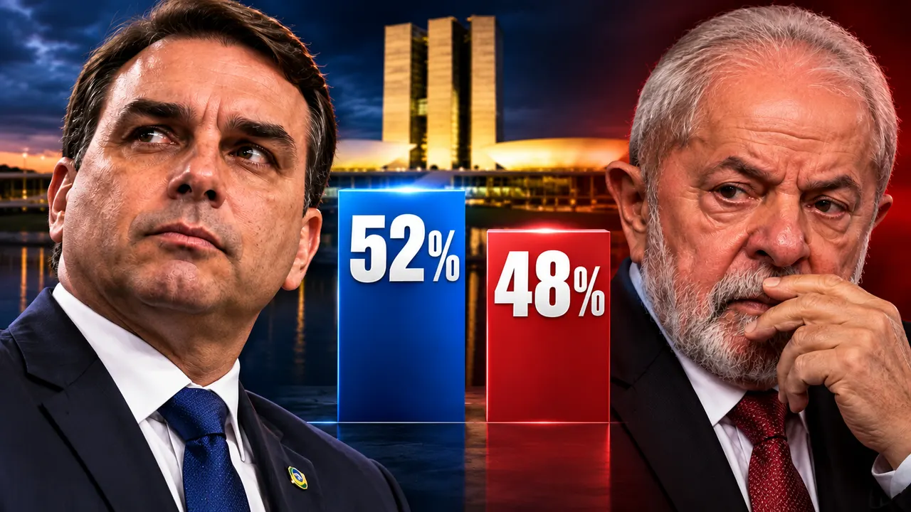 Flávio Bolsonaro e Lula em montagem sobre pesquisa BTG/Nexus de outubro de 2026, com Flávio registrando 52% e Lula 48% dos votos válidos no segundo turno
