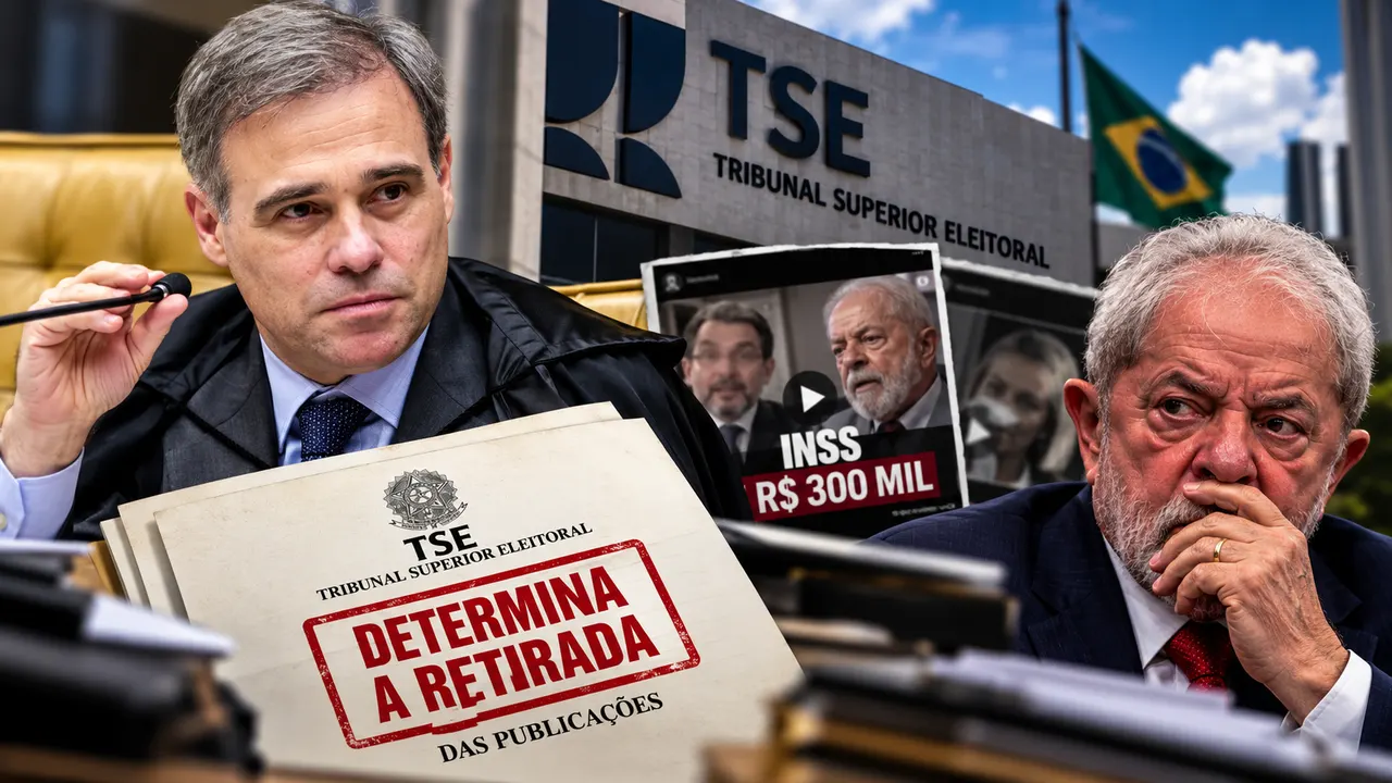 André Mendonça e Lula em montagem sobre decisão do TSE que determinou a retirada de vídeos do PL relacionados às fraudes no INSS.