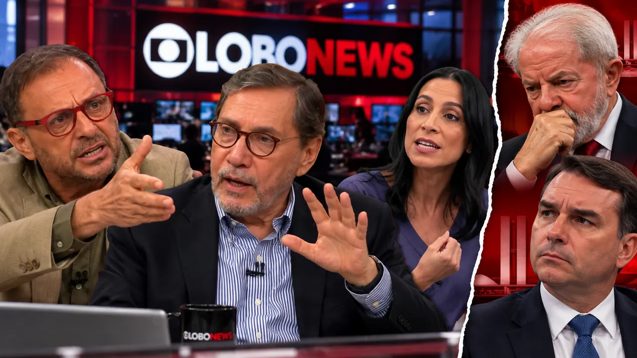 Montagem editorial com Merval Pereira, Octavio Guedes, Lula e Flávio Bolsonaro sobre divergências na cobertura eleitoral da GloboNews.