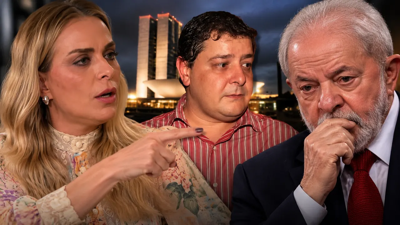 Montagem com Roberta Luchsinger apontando para Lula, com Lulinha ao centro, sobre revelações feitas em entrevista à CNN Brasil.
