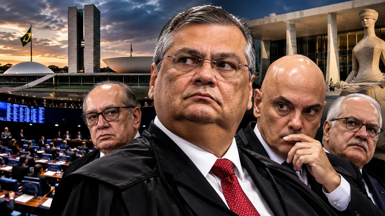 Ministro Flávio Dino em imagem sobre articulações entre STF e Congresso diante de possíveis pedidos de impeachment em 2027.