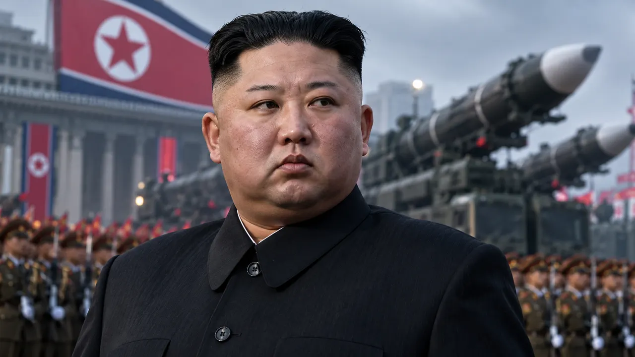 Kim Jong-un em destaque, com expressão séria, diante de mísseis e soldados em desfile militar, com bandeira da Coreia do Norte ao fundo.