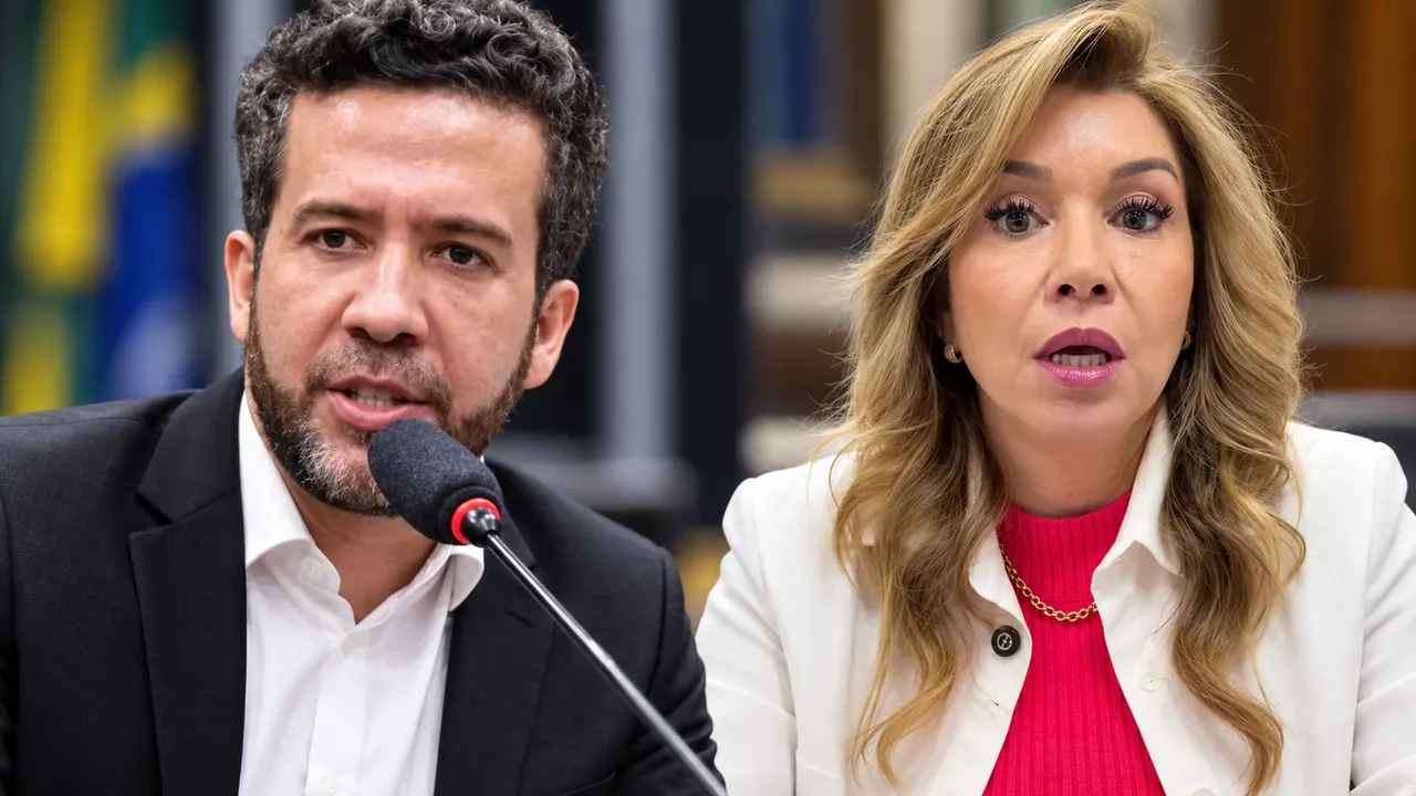 alt da capa André Janones e Leandra Guedes em montagem sobre a medida protetiva e a repercussão do debate presidencial da Globo em 2026.